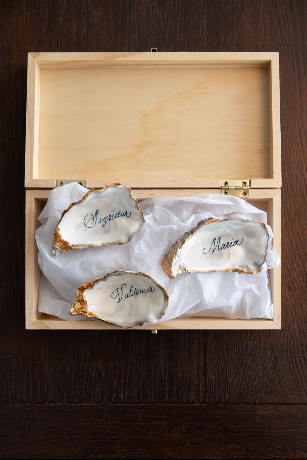 Tricolore Oysters — hand-lettered oyster shells in a wooden gift box